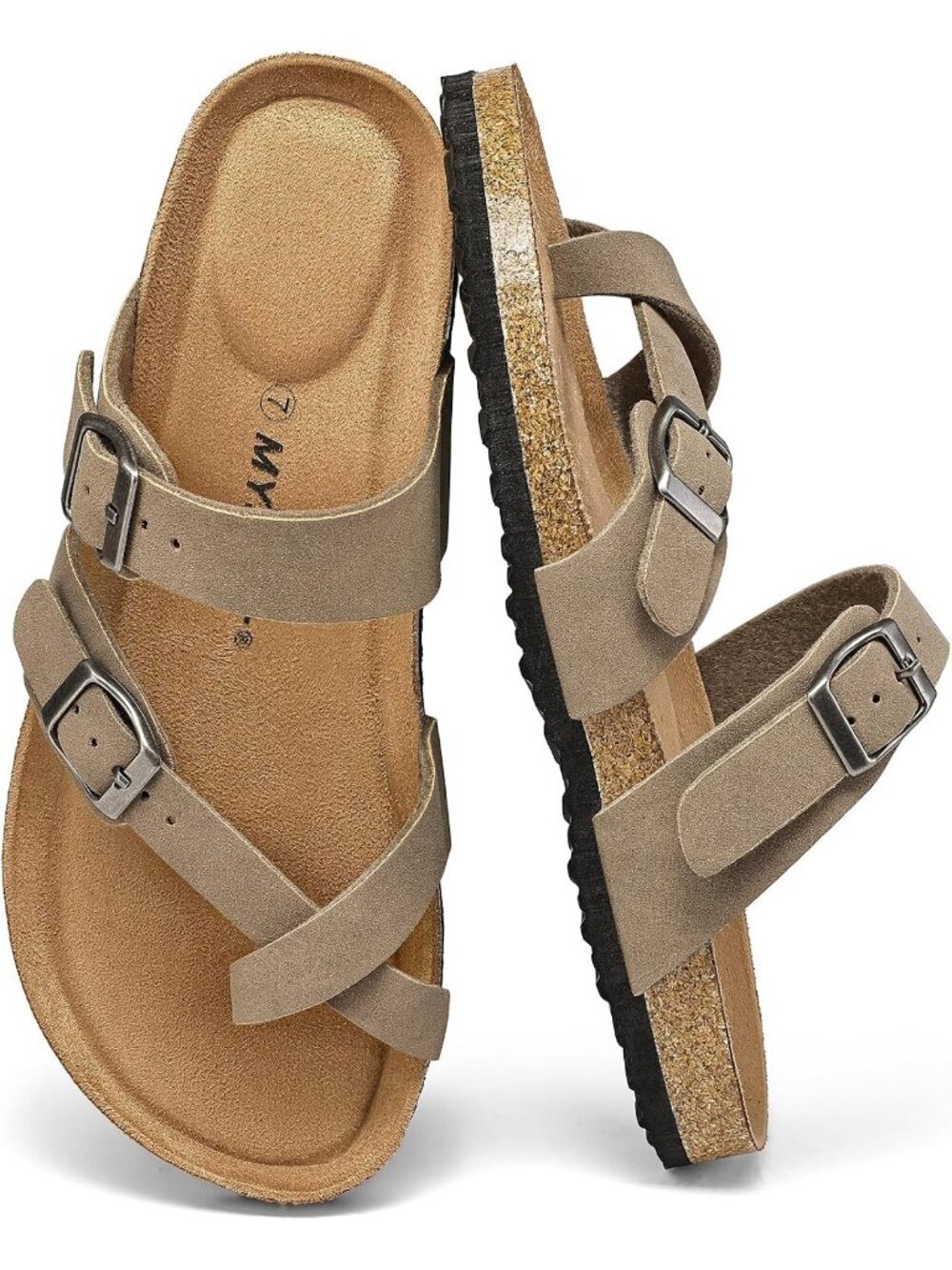 Women's Stone Double Adjustable Buckle Slide Cork Footbed Slip On Sandal Shoes